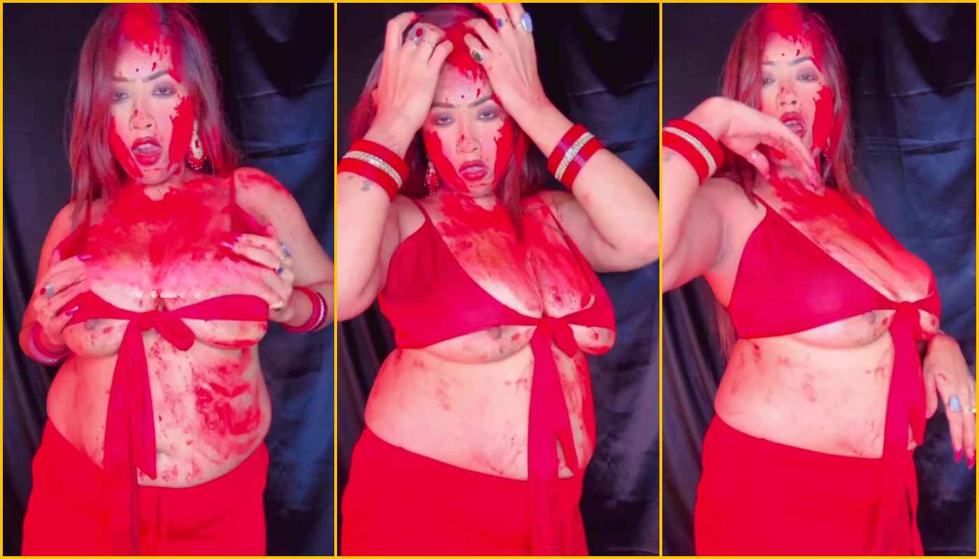 Moumi Coverd in Red Gulal and Showing Boobs App Content